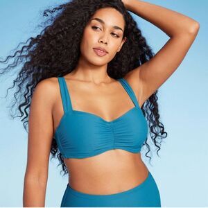 Shade & Shore 36C Blue Shirred Ribbed Bandeau Bikini Swim Underwire Top